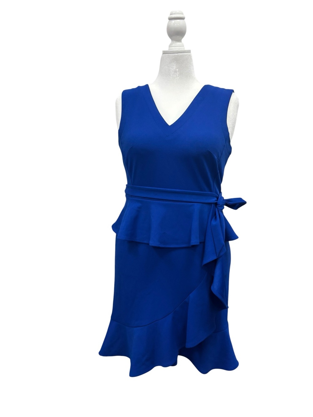 Calvin Klein Royal Blue Ruffle Peplum Midi Dress Sleeveless Belted Size 12